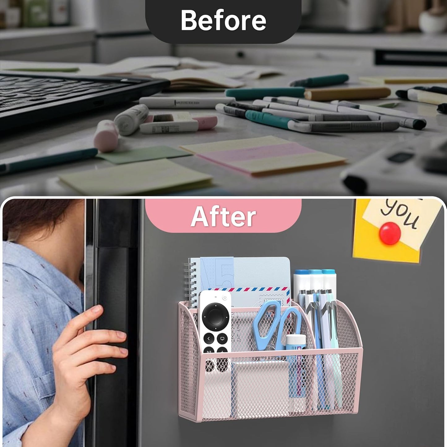 YINGHUA Strong Magnetic Pen Holder for Whiteboard and Refrigerator 3 Compartments Metal Mesh Organizer Space Saving Shelf for Office School Home and Locker - Pink