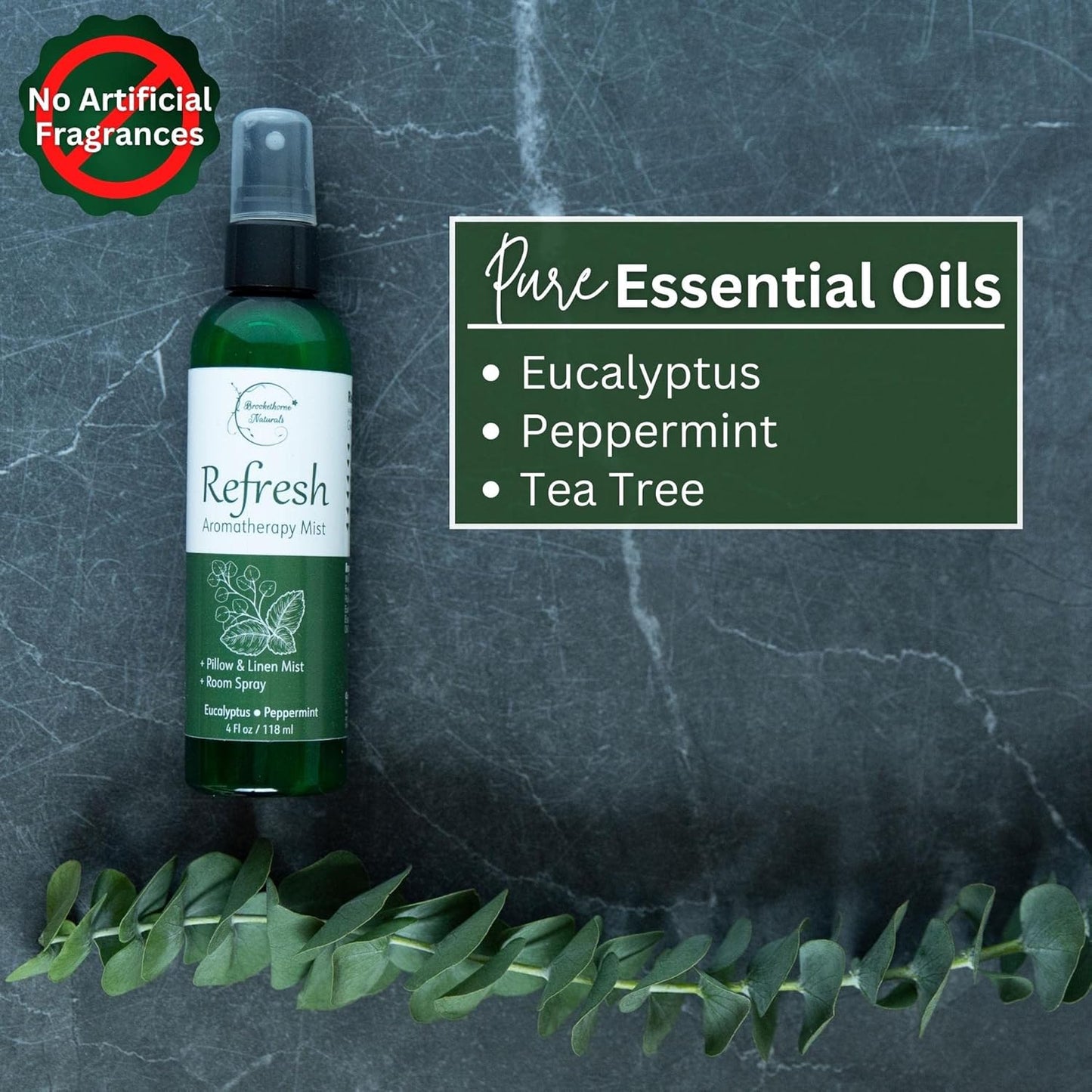 Refresh Aromatherapy Room Spray & Pillow Mist. Peppermint & Eucalyptus Essential Oil Spray, Linen Mist, Natural Car Air Freshener Bathroom Freshener & Closet Deodorizer by Brookethorne Naturals