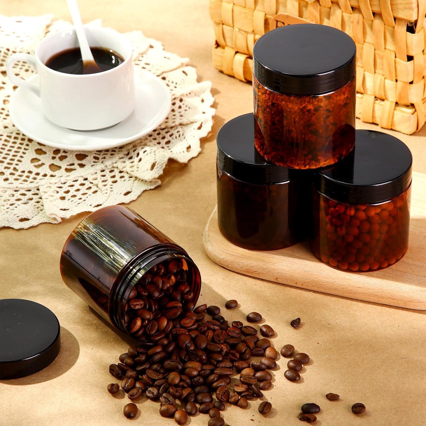 Patelai 4 Pieces Round Wide-mouth Leak Proof Plastic Container Jars with Lids for Travel Storage Makeup Beauty Products Face Creams Oils Salves Ointments DIY Making(8 Ounce,Amber)