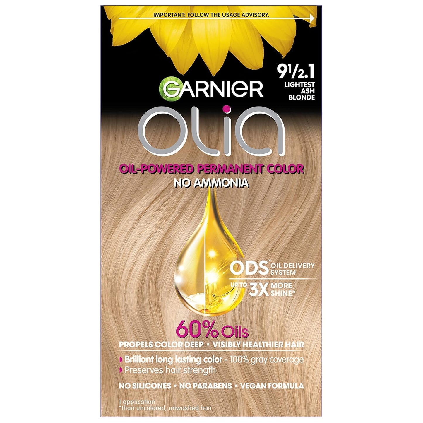 Garnier Hair Color Olia Ammonia-Free Brilliant Color Oil-Rich Permanent Hair Dye, 9 1/2.1 Lightest Ash Blonde, 1 Count (Packaging May Vary)