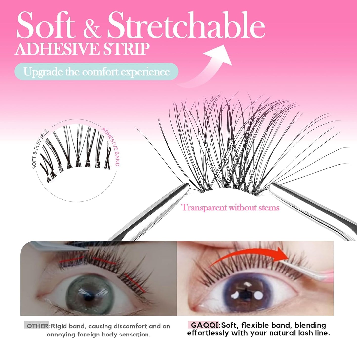 GAQQI Self Adhesive Lash Clusters, No Glue Eyelash Clusters 10-16mm Full & Volume Self Adhesive False Eyelashes, No Band Glueless Lashes