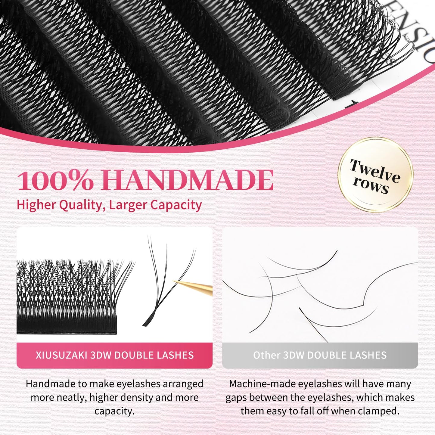 Lash Extensions Double Tips 3D Eyelash Extensions W Shape 0.07mm Thickness C Curl 9mm Premade Fans Easy Fan Volume Matte Black Crisscross Eyelashes(W-3D-Double Tips-0.07-C,9mm)