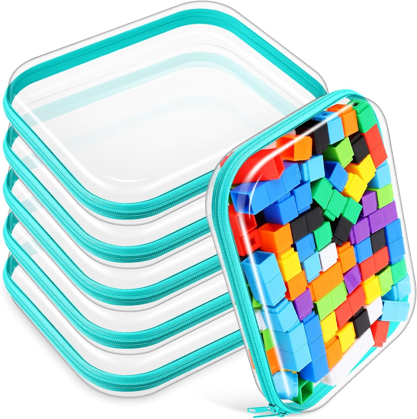 Sanwuta 6 Pcs Clear Hard Zipper Case Pencil Pouches Hard Plastic Zipper Pouches Makeup Bag Transparent Cases for Snacks Plastic Storage Organizer Box for Travel(Teal,9.84 x 7.87 x 2 Inch)