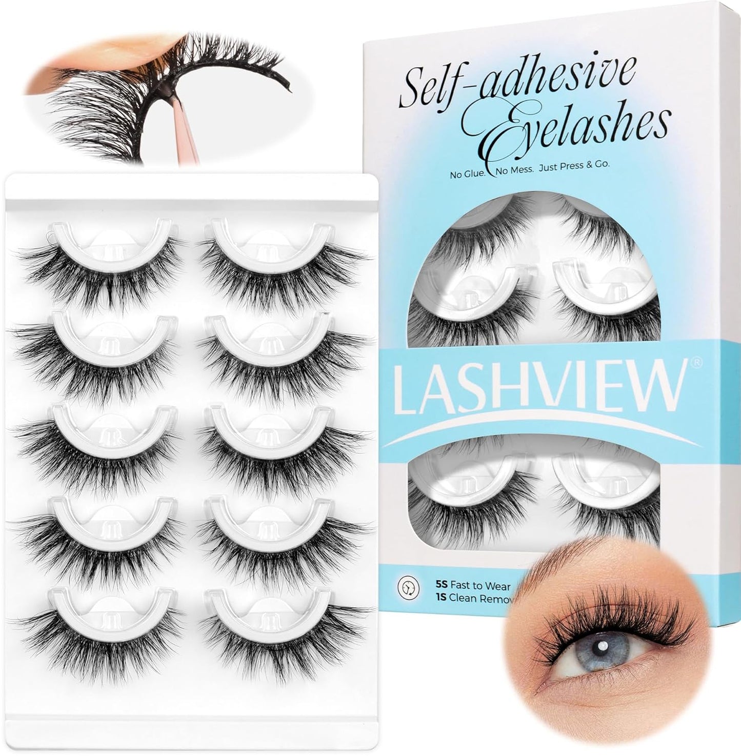 LASHVIEW Self Adhesive Eyelashes 5 Pairs Cat Eye Wispy Self-adhesive False Lashes Reusable Natural Look Press On Lashes No Glue Need Eyelashes with Replacement Adhesive Strips (CV131)