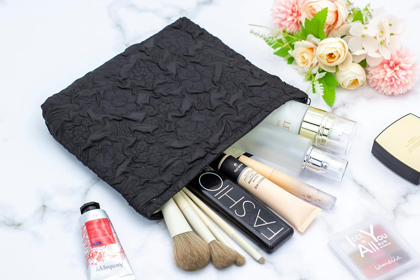 Makeup Bags for Purse Zipper Cosmetic Pouch Large Travel Canvas Make Up Organizer Tool Pouch for Women and Girls,Flower Black