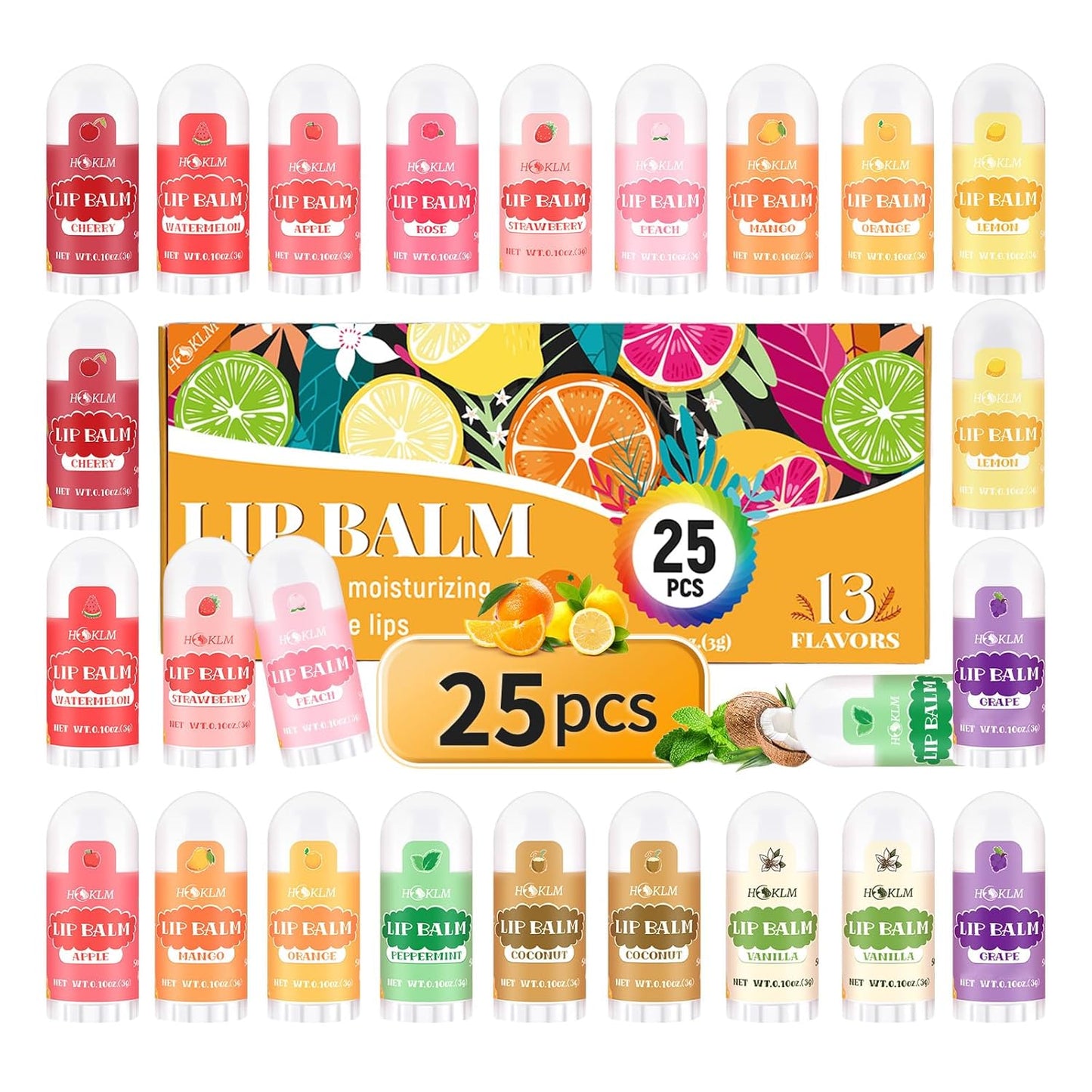 Mini Lip Balm 25 Pack, Natural Lip Balms with Vitamin E and Coconut Oil. Moisturizes for Dry Lips, Perfect for Party Favors, Gift Bags and Small Gifts-13 Flavors