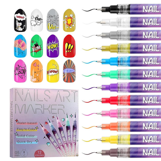 12 Color Acrylic paint pen Set, Kalolary Nail Polish Pens Nail Point Graffiti Dotting Pen Drawing Painting Liner Brush for DIY Nail Art Beauty Adorn Manicure Tools