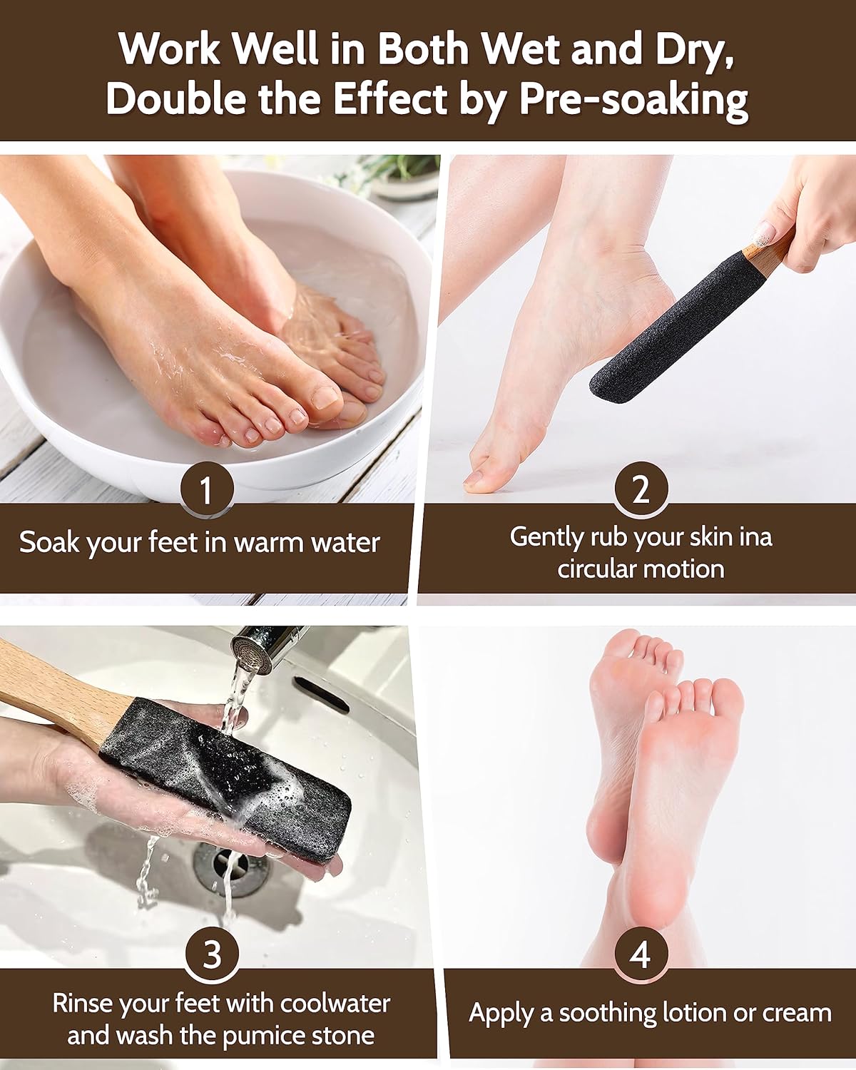 Pumice Stone Foot File, 4pcs Set Callus Remover for Feet with Wooden Handle, Pedicure Foot Scrubber to Remove Dead Skin, Dry, Rough, Corns Skin Scraper