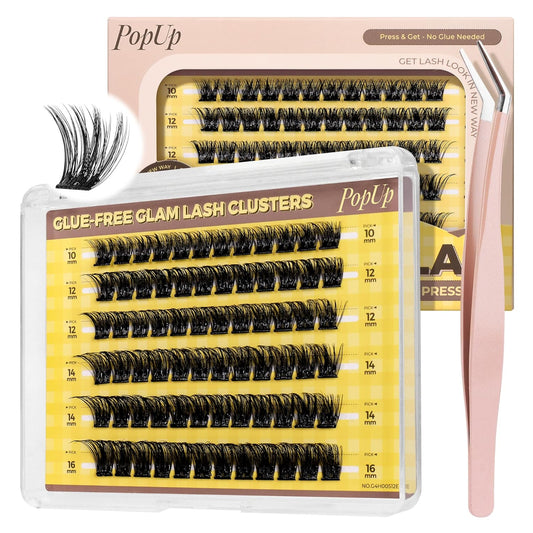 PopUp Self Adhesive Eyelashes Clusters, Press On Lashes Pre Glued Eyelash Extension Kit with Lash Tweezer,10-16mm No Glue No Remover Needed Self Adhesive Lashes Clusters ZNF23