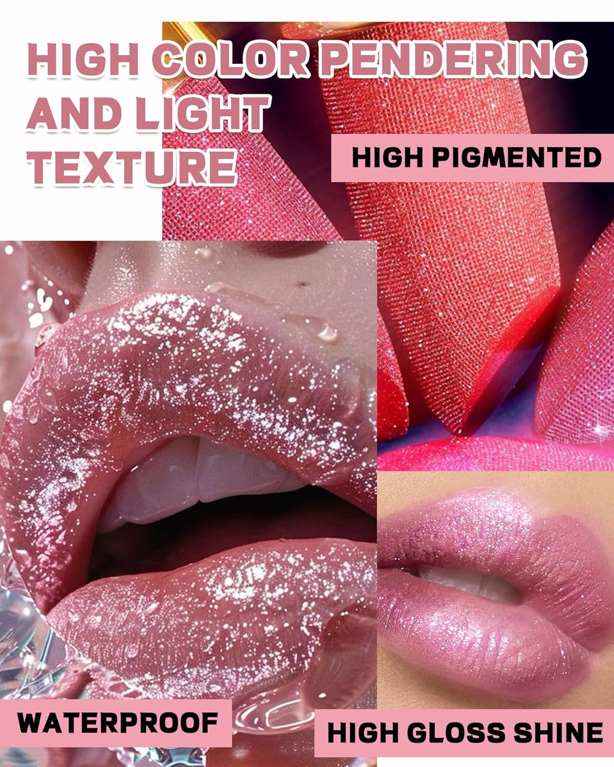 Metallic Nude Pink Glitter Lipstick Long Lasting,Glitter Lipstick Diamond Shimmer Lip Gloss for Women,Transfer Proof Non-Stick Lipgloss Highly Pigmented Full Coverage Red Lip Color Makeup Gift-02