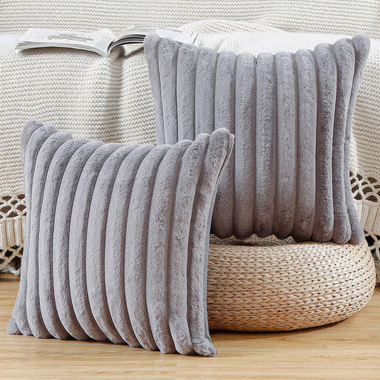 MADIZZ Set of 2 Faux Wool Plush Decorative Throw Pillow Covers 22x22 Inch Grey Fluffy Striped Soft Decorative Cushion Cover for Sofa Bedroom Pillow Shell