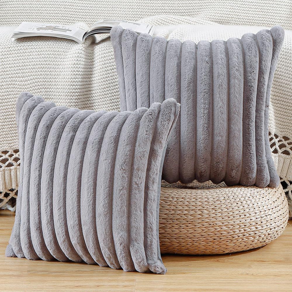 MADIZZ Set of 2 Faux Wool Plush Decorative Throw Pillow Covers 16x16 Inch Grey Fluffy Striped Soft Decorative Cushion Cover for Sofa Bedroom Pillow Shell