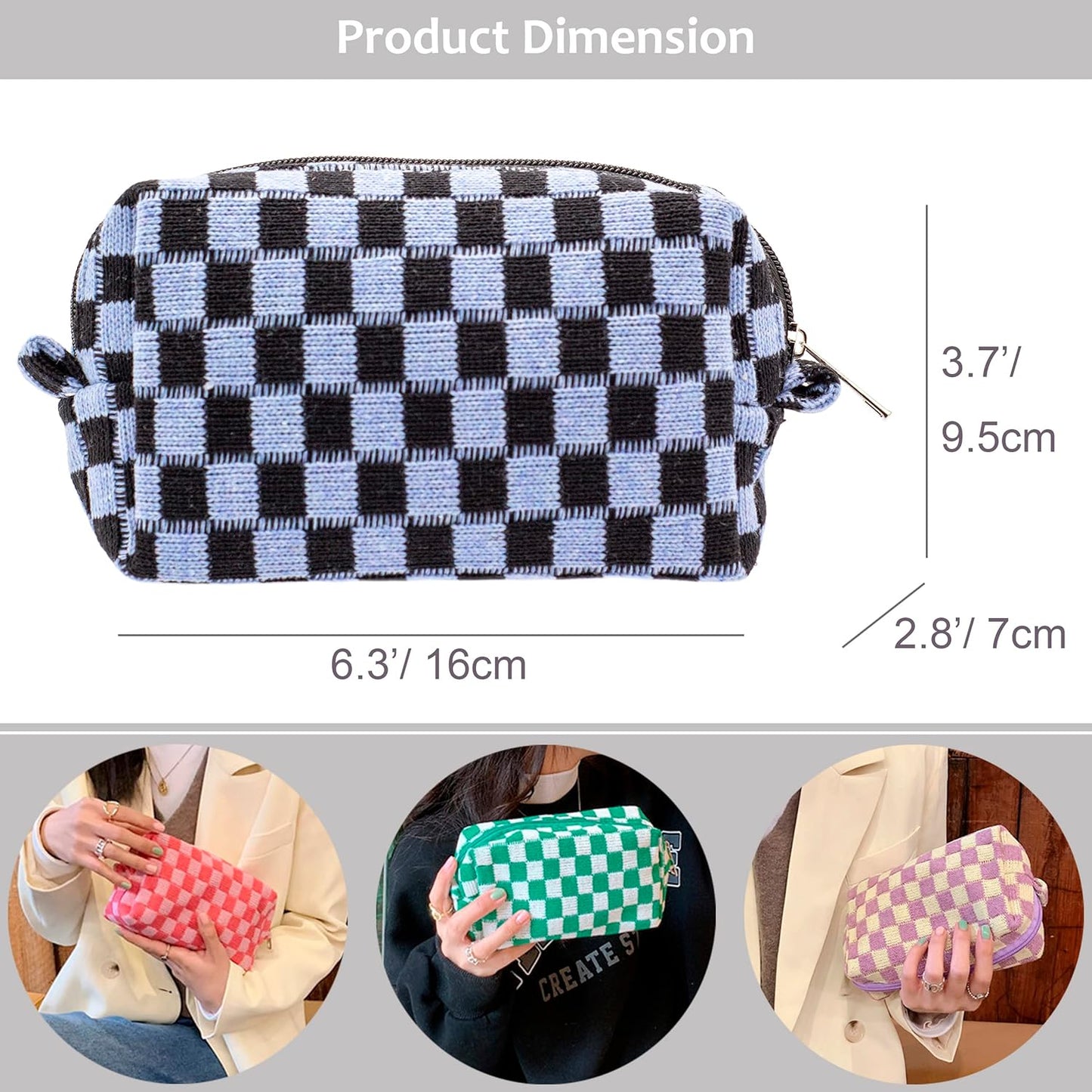 PAZIMIIK Checkered Makeup Bag for Purse Portable Zipper Make Up Pouch Small Cosmetic Case for Travel Accessories (Blue Black)