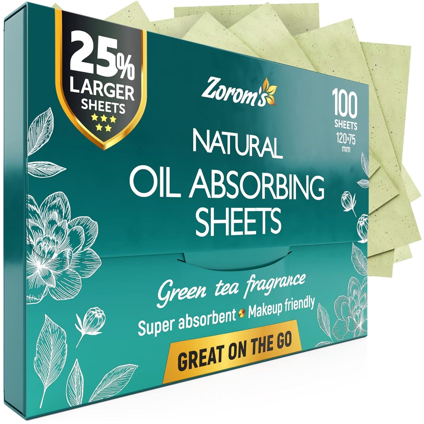 Natural Green Tea Oil Blotting Sheets for Face - 25% Larger Sheets (4.7x3”) - 100 Makeup Friendly Blotting Papers for Face - Easy Dispensing Oil Absorbing Sheets for Face