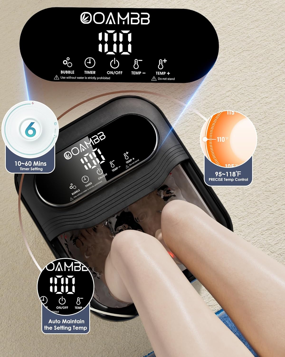 Collapsible Foot Spa with Heat, Bubble and Temp Control, Foot Bath Massager with XL Touch Screen and Massage Rollers, Foot Soaking Tub, Pedicure Foot spa for Stress Relief (Black)