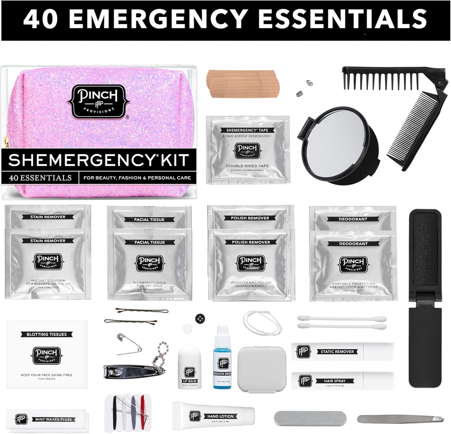 Pinch Provisions Shemergency Kit for Her, 40 Emergency Essential Items, Compact, Multi-Functional Pouch, Gift for Women, Birthday, Bachelorette Parties, and More!
