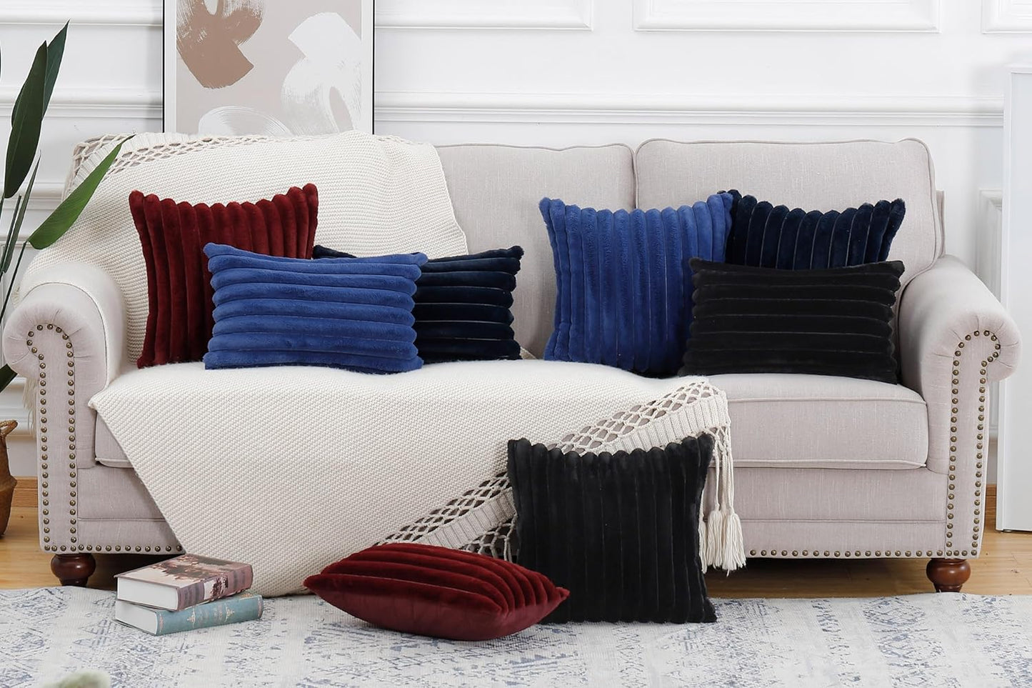 MADIZZ Set of 2 Faux Wool Plush Decorative Throw Pillow Covers 12x20 Inch Blue Fluffy Striped Soft Decorative Cushion Cover for Sofa Bedroom Pillow Shell