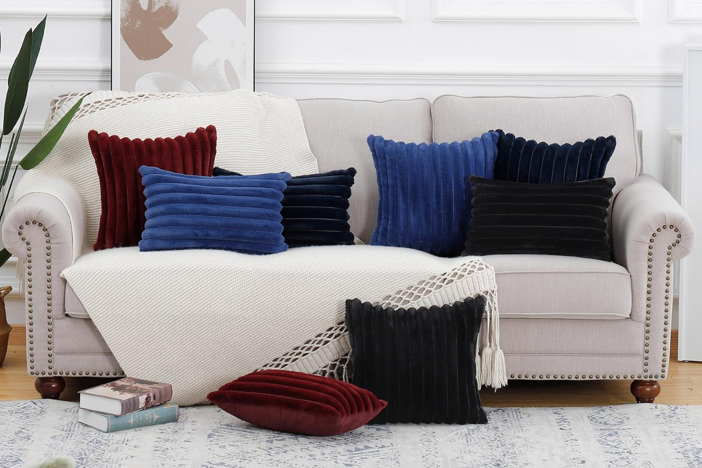 MADIZZ Set of 2 Faux Wool Plush Decorative Throw Pillow Covers 22x22 Inch Dark Blue Fluffy Striped Soft Decorative Cushion Cover for Sofa Bedroom Pillow Shell