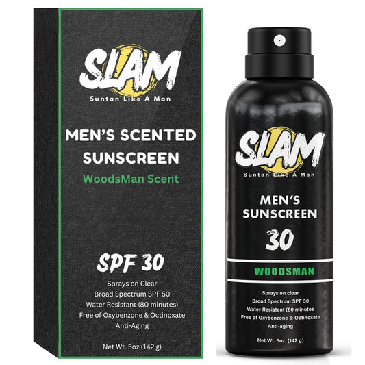 SLAM WoodsMan Men's Scented Sunscreen Spray SPF 30 – Broad Spectrum Sun Screen Spray for Face & Body, Water Resistant & Sweat Resistant Sunscreen, UVA/UVB Protection, Sunblock for Men