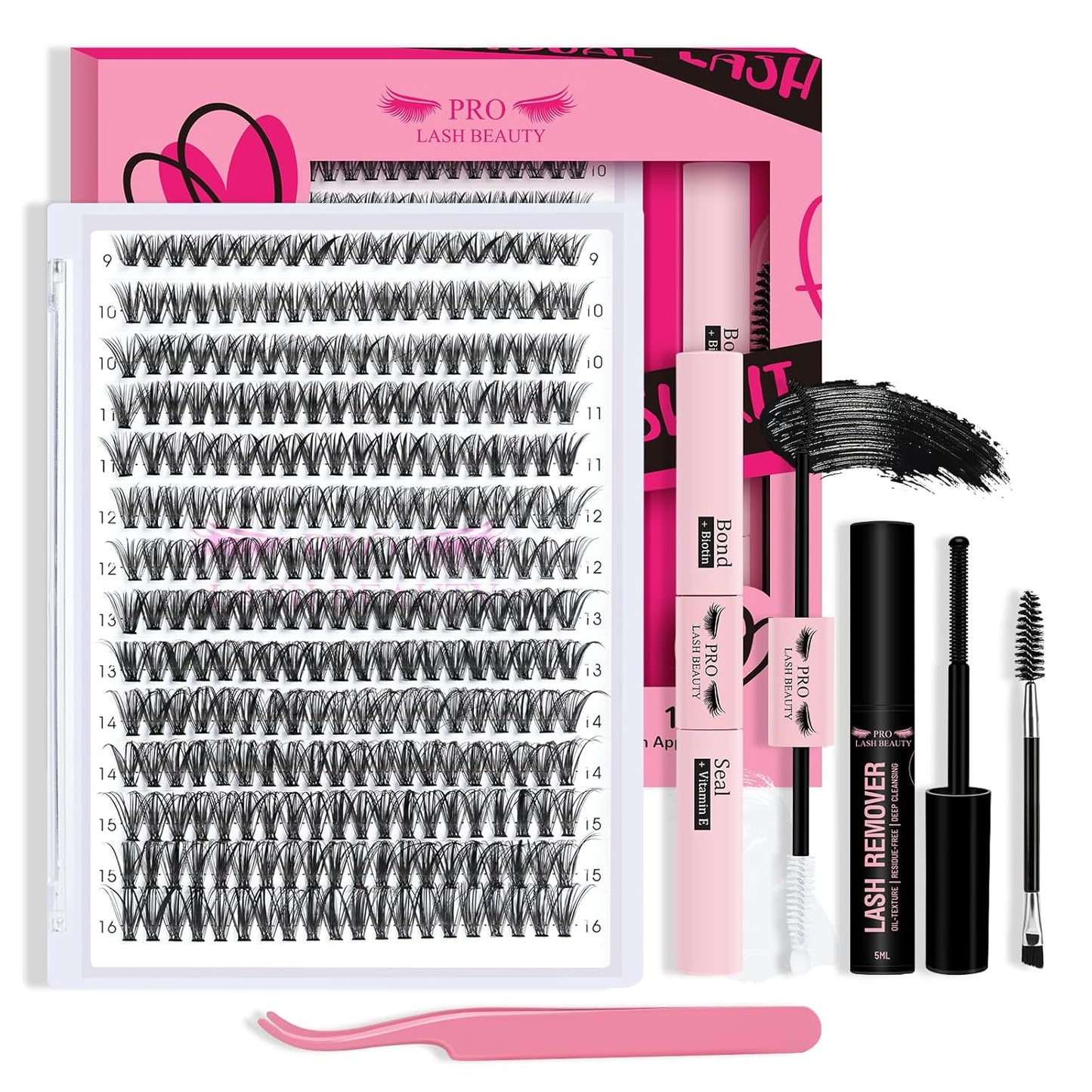 Lash Clusters Kit 280pcs Lash Clusters D Curl Eyelash Extension Kit Individual Lashes with Lash Bond and Seal Lash Remover Lash Applicator Easy to Apply at Home(40D-9-16mix Kit)