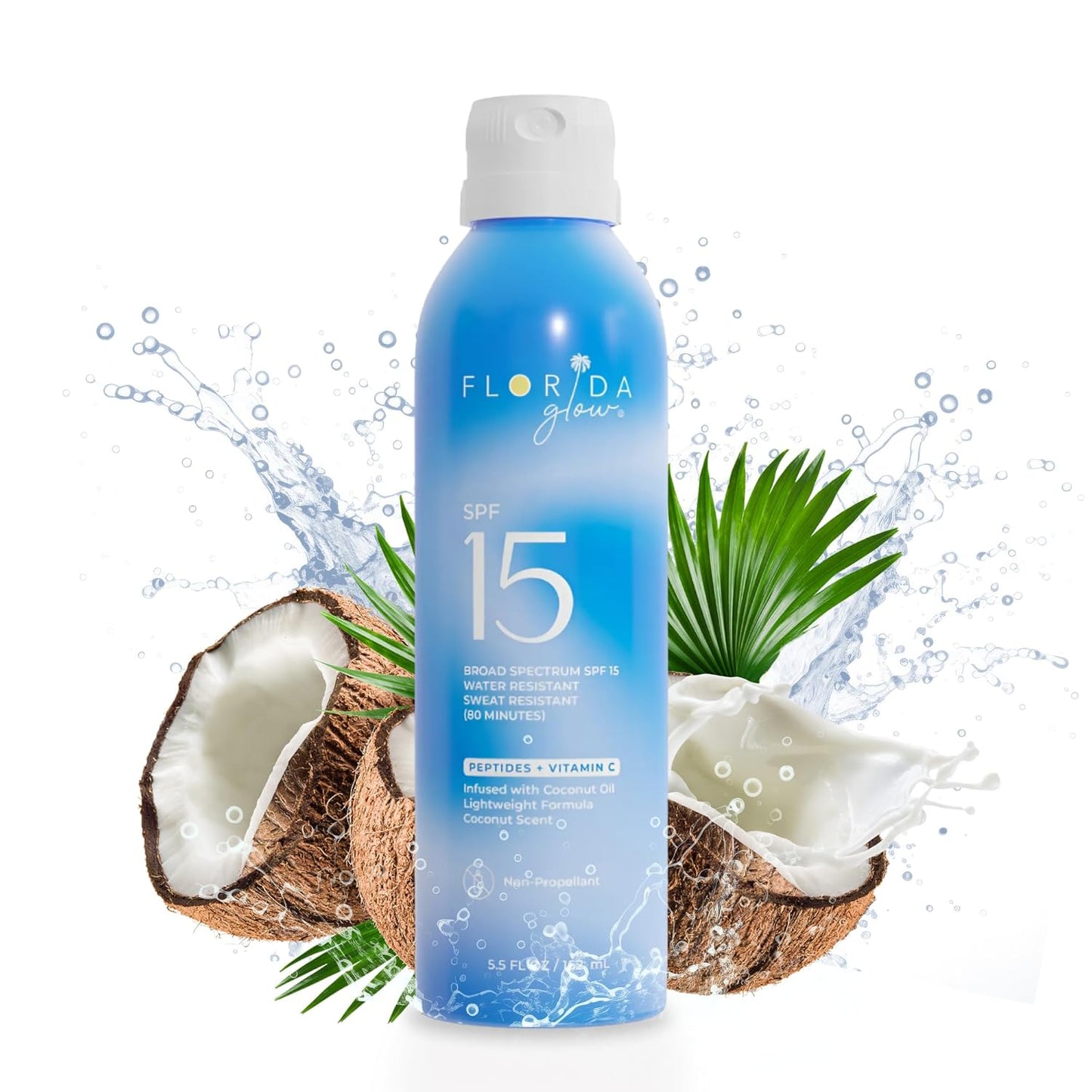 Florida Glow SPF 15 Sunscreen Spray - Hawaii 104 Reef Act & Florida Keys Compliant, Broad Spectrum, Water Resistant - Sun screen protector for face and body, PABA-Free & Oxybenzone Free (5.5 Fl Oz)