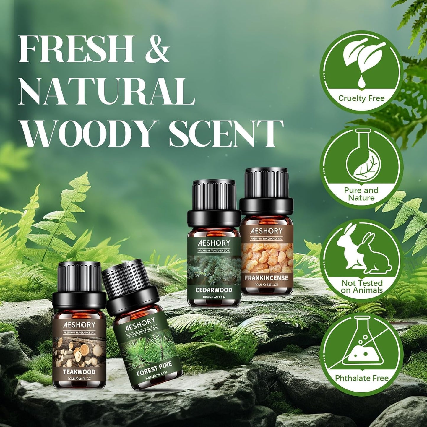 Woody Essential Oils Set - 6x10ML Woody Scents Fragrance Oil for Candle Making, Diffuser - Teakwood, Sandalwood, Cedarwood, Cyperss, Forest Pine, Frankincense Aromatherapy Oils