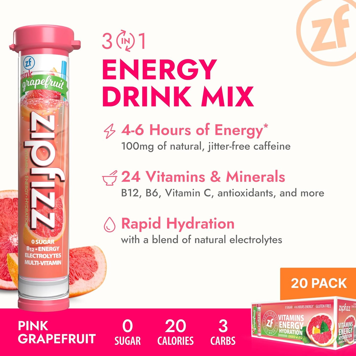 Zipfizz Daily Energy Drink Powder, Pink Grapefruit, 20 Pack | 3-in-1 Sustained Energy, Rapid Hydration, and Essential Vitamins | Sugar-Free | Electrolyte Powder | Contains Vitamin B-12 & Antioxidants