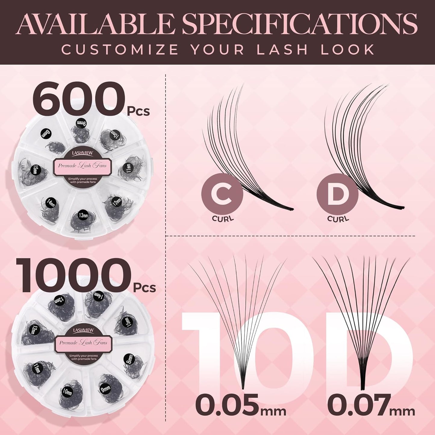 LASHVIEW 600 Premade Volume Eyelash Extensions Mixed Tray - D Curl, Pointed, Loose Fans (10D-0.07D, 8-15mm)