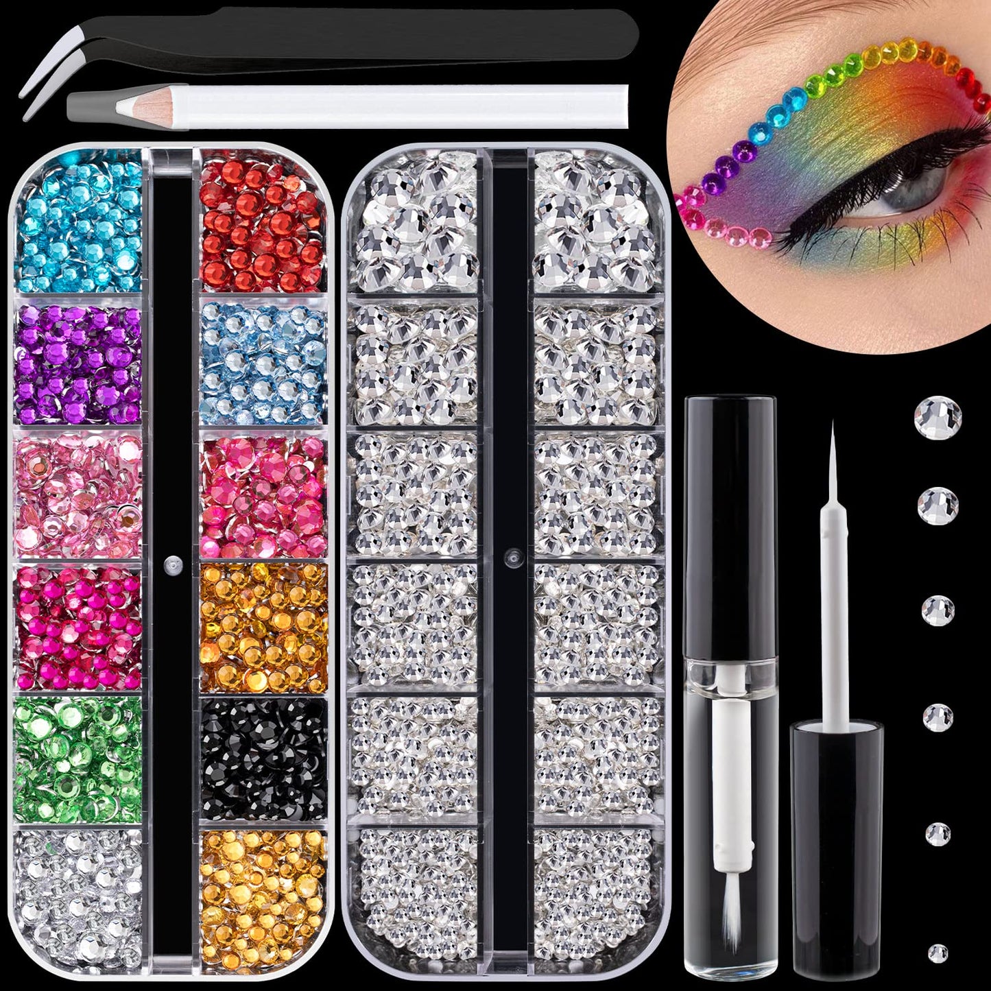 Flat Back Rhinestone Kits Colorful Rhinestones+Transparent White Gems With Quick Dry Makeup Glue+Picker Pencil+Tweezer For Nail Art And Face Make-up