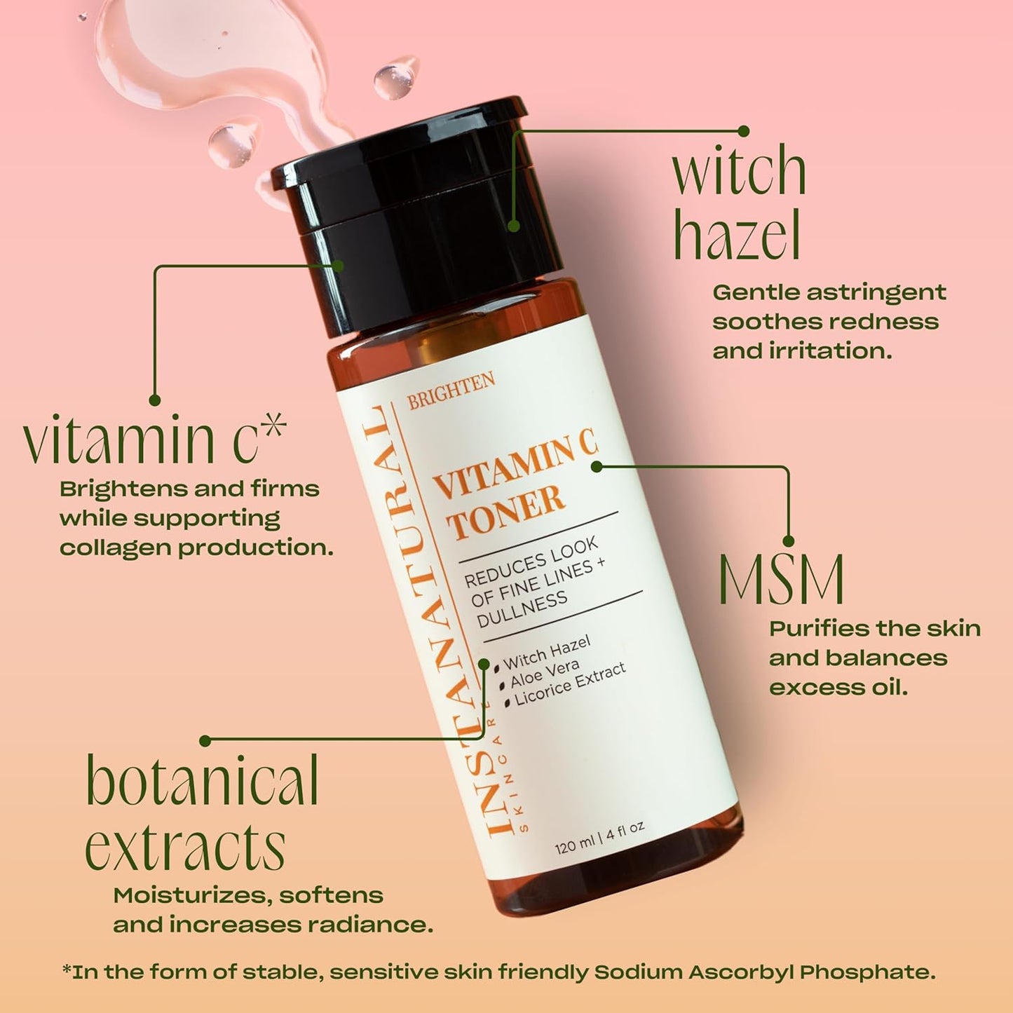 InstaNatural Vitamin C Face Toner, Brightens, Balances pH and Reduces Signs of Aging, Fine Lines and Wrinkles, with Witch Hazel, Lavender and Geranium Oils, 4 Fl Oz