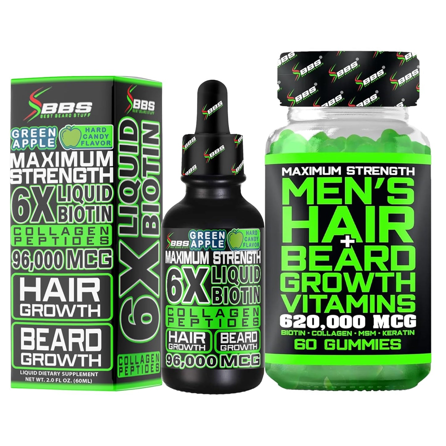 Beard Growth Kit w/ 6X Liquid BIOTIN Supplement with Collagen Peptides + 620,000mcg BIOTIN Gummies Beard Growth Vitamins & Hair Growth Vitamins for Men