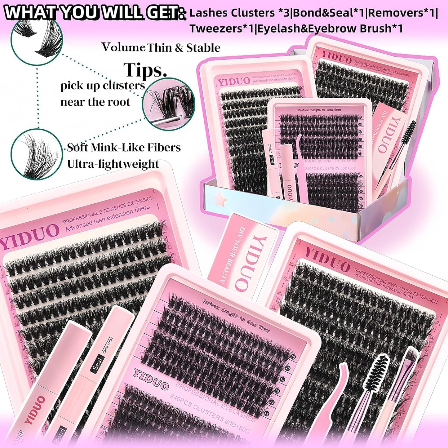 Lashes Clusters Kit Gift Packs 3 Styles 760Pcs with 2X Bond&Seal Volume Soft False Eyelash Extension 80D+100D D Curl Wispy Natural DIY Individual Fake Eyelashes Box for Beginners Bulk Pack