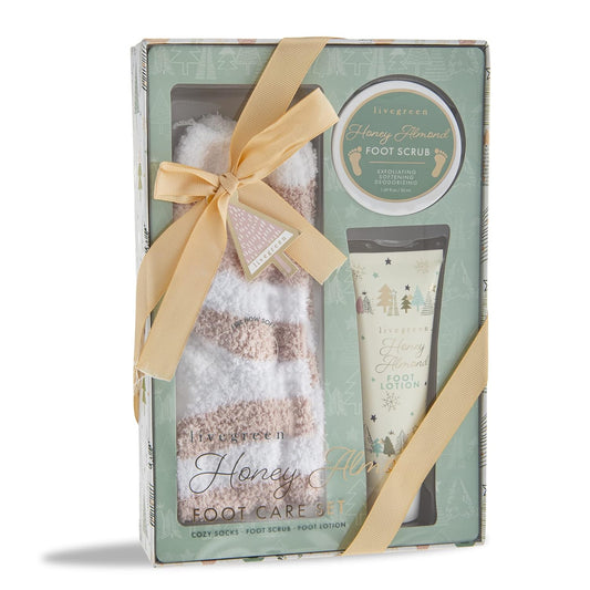 Live Green Bath and Body Set- Foot Spa Set with Fuzzy Socks, Lotion, and Scrub (Honey Almond)