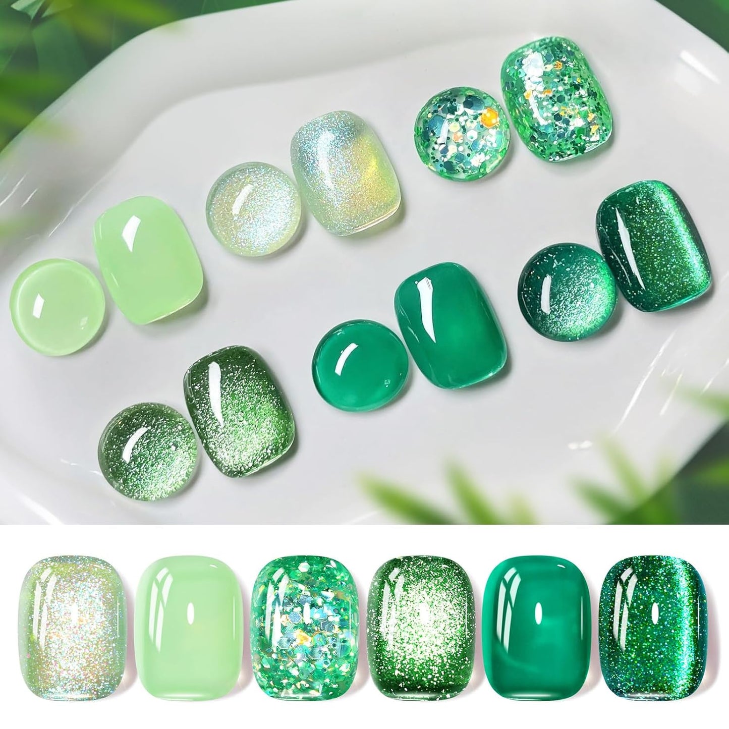 Born Pretty Christmas Green Gel Nail Polish,Jelly Transparent Gel Nail Polish, Cat Magnetic Eye,Shimmer Glitter Holographic Green Gel Polish Kit for Salon Manicure and Nail Art DIY at Home 6PCS 7ml