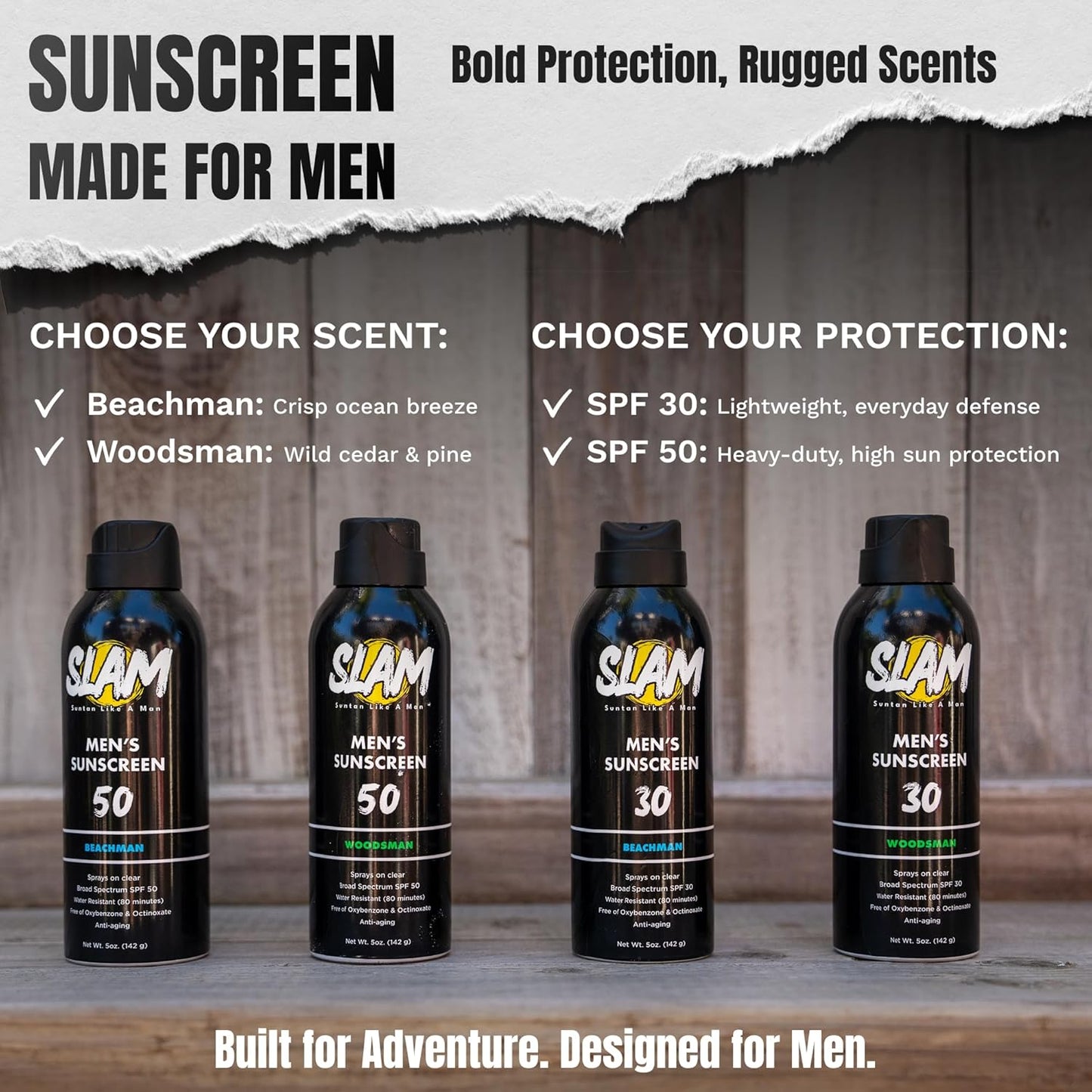 SLAM WoodsMan Men's Scented Sunscreen Spray SPF 30 – Broad Spectrum Sun Screen Spray for Face & Body, Water Resistant & Sweat Resistant Sunscreen, UVA/UVB Protection, Sunblock for Men