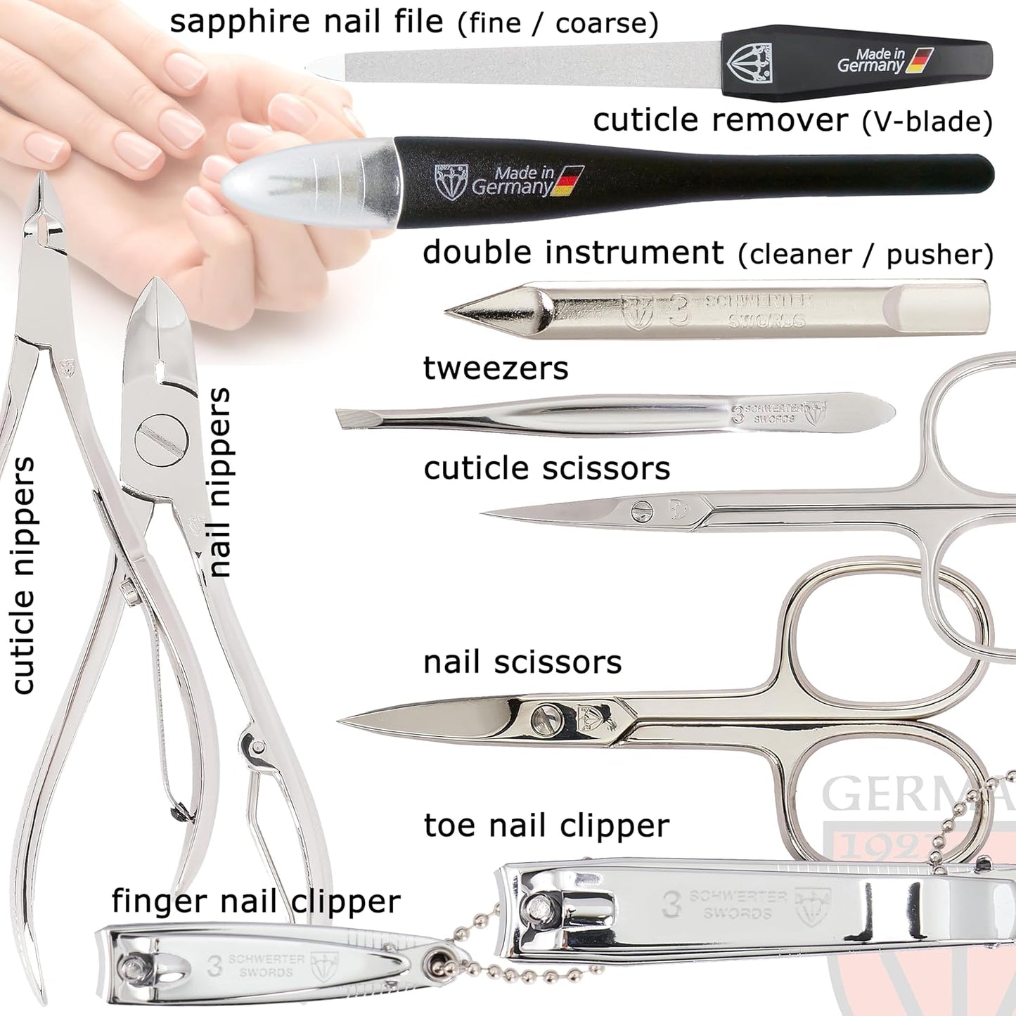 3 Swords Germany - brand quality 10 piece manicure pedicure grooming kit set for nail care scissors clipper pink synthetic leather case - Made by 3 Swords