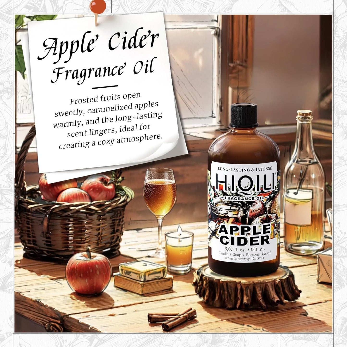 HIQILI Apple Cider Fragrance Oil - Making DIY Candle & Soap, Luxury Wine Scented, for Home & Office Essential Oil Diffuser Use - 5.07 Fl Oz