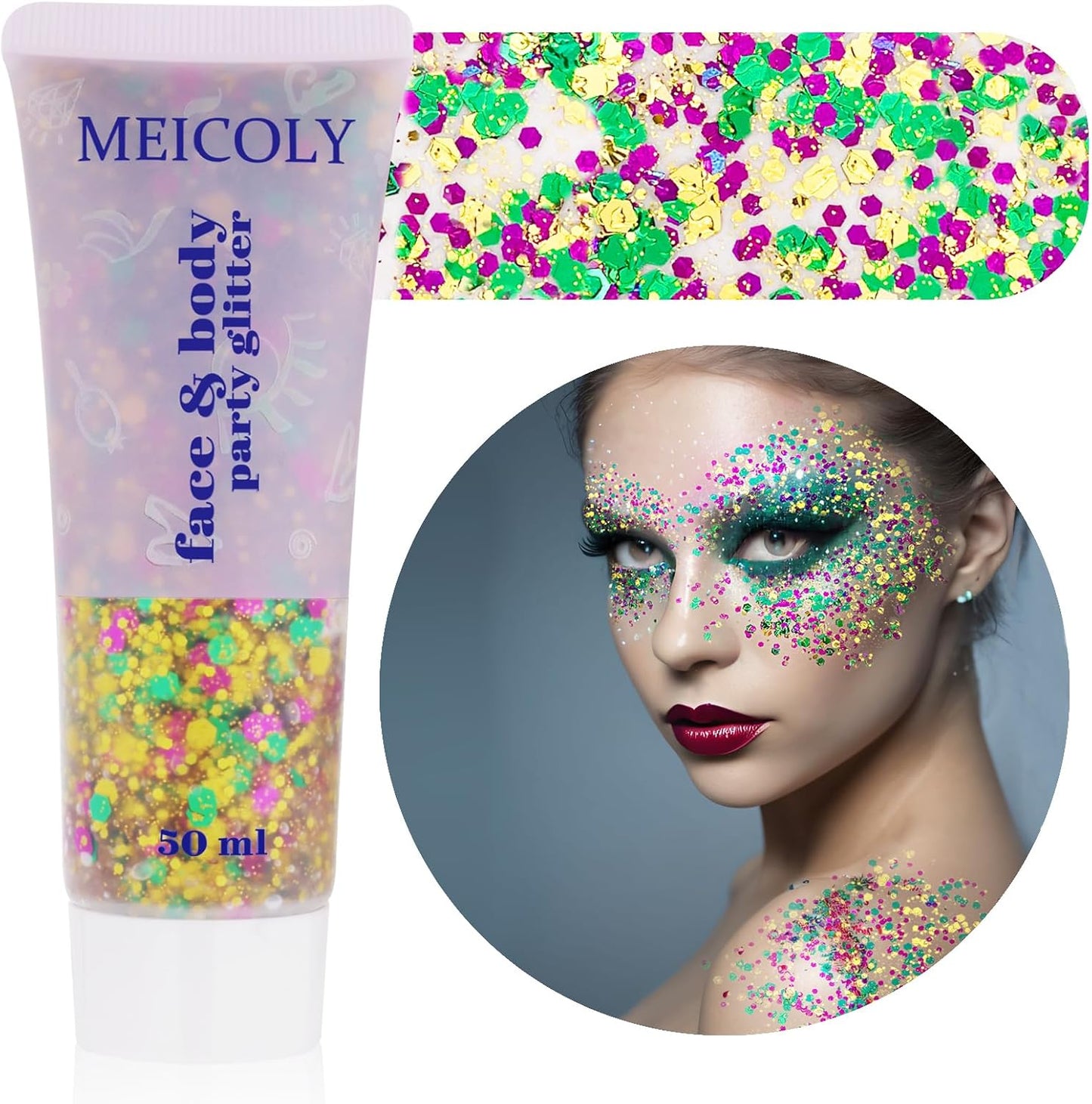 MEICOLY Mardi Gras Face Glitter,Mardi Gras Outfit for Women Kids,Mardi Gras Accessories for Carnival,Gold Green Purple Mixed Chunky Glitter,Rave Festival St Patricks Day Glitter for Face/Body/Hair