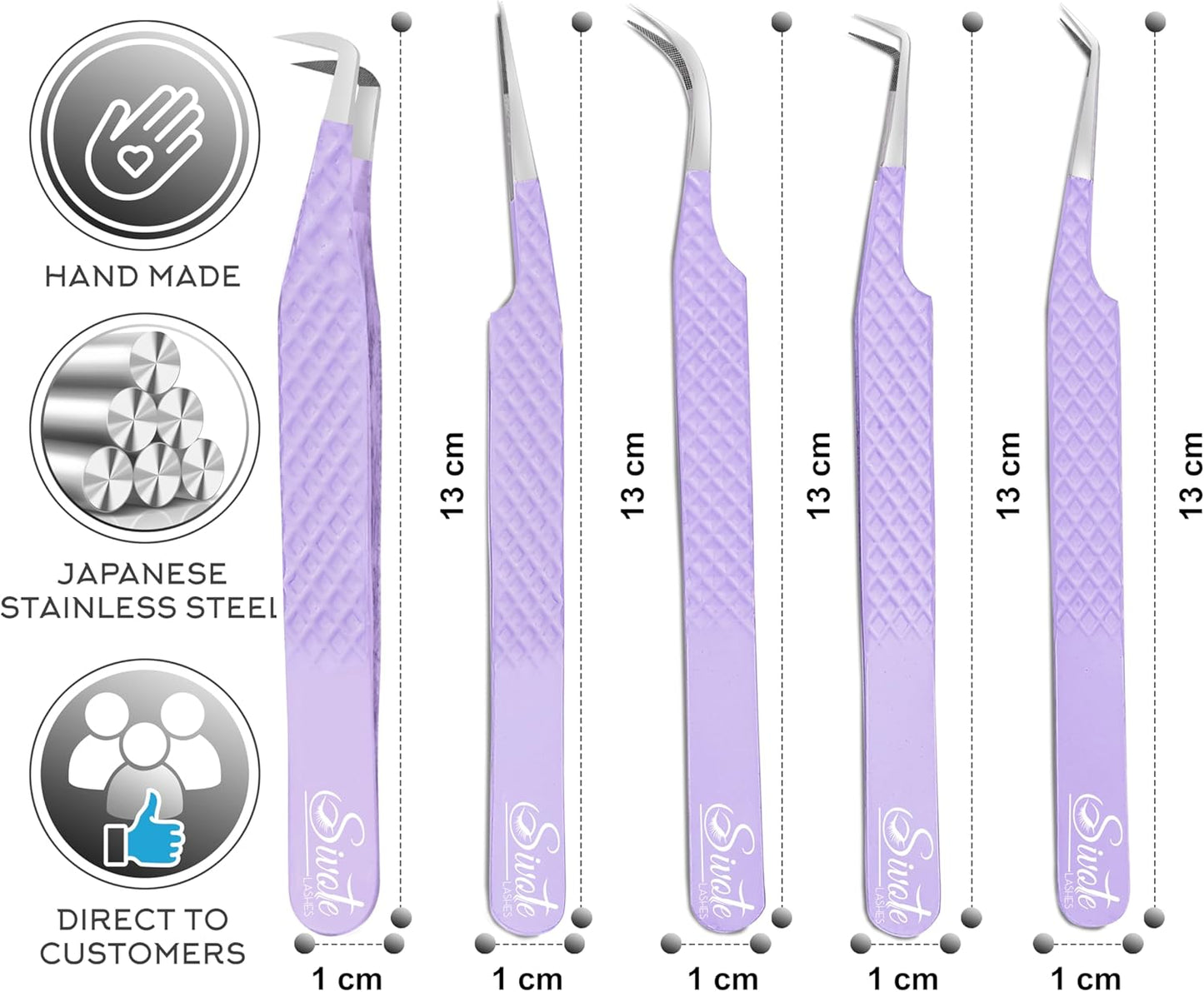 SIVOTE Lash Tweezers for Eyelash Extensions, Pack of 5 Purple – Lash Extension Tweezers Set with Diamond Grip, Precision Fiber Tip for Volume Eyelash Extensions