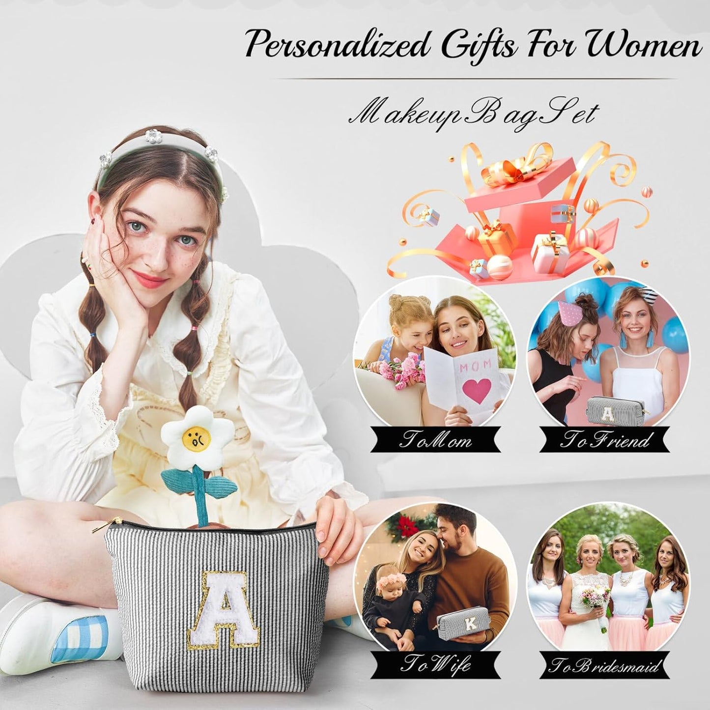 YOOLIFE Makeup Bag for Women - Personalized Makeup Pouch for Girlfriend Bridesmaid Wife | Travel Toiletry Bag for Her Mom | Skin Care Bag Birthday Gift for Sister Friend Sweet 16 Gifts Black V