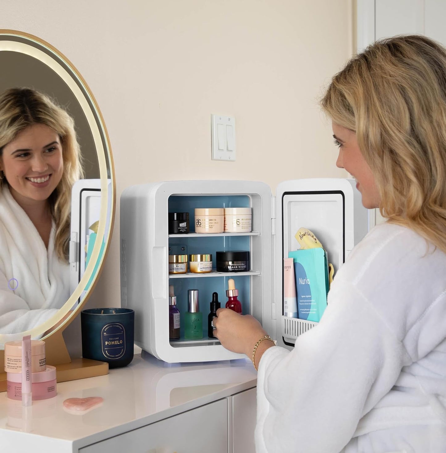 Cooluli 10L Mini Fridge for Bedroom, Car, Office Desk & Dorm - Portable Thermoelectric Cooler & Warmer for Food, Drinks, Skincare - Compact Refrigerator with Glass Front, Pink