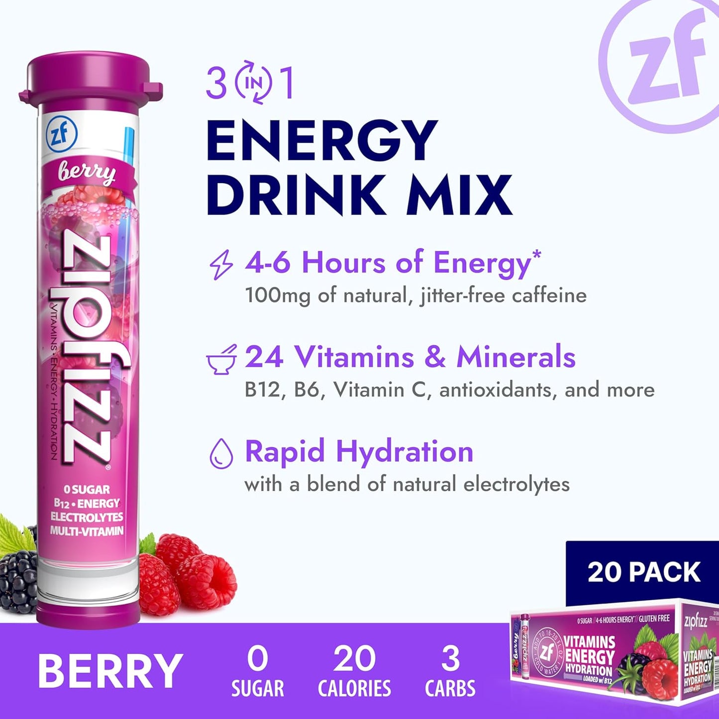 Zipfizz Daily Energy Drink Powder, Berry, 20 Pack | 3-in-1 Sustained Energy, Rapid Hydration, and Essential Vitamins | Sugar-Free | Electrolyte Powder | Contains Vitamin B-12 & Antioxidants