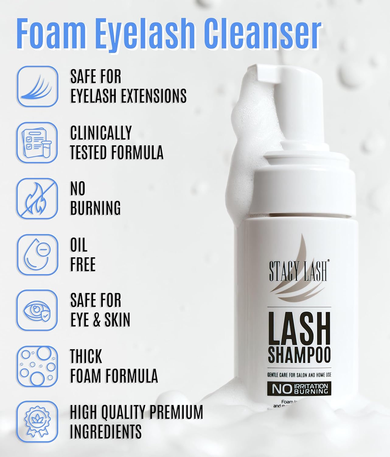 STACY LASH Eyelash Extension Shampoo + Brush / 3.38 fl.oz / 100ml / Eyelid Foaming Cleanser/Wash for Extensions & Natural Lashes/Safe Makeup Remover/Supplies for Professional & Home Use