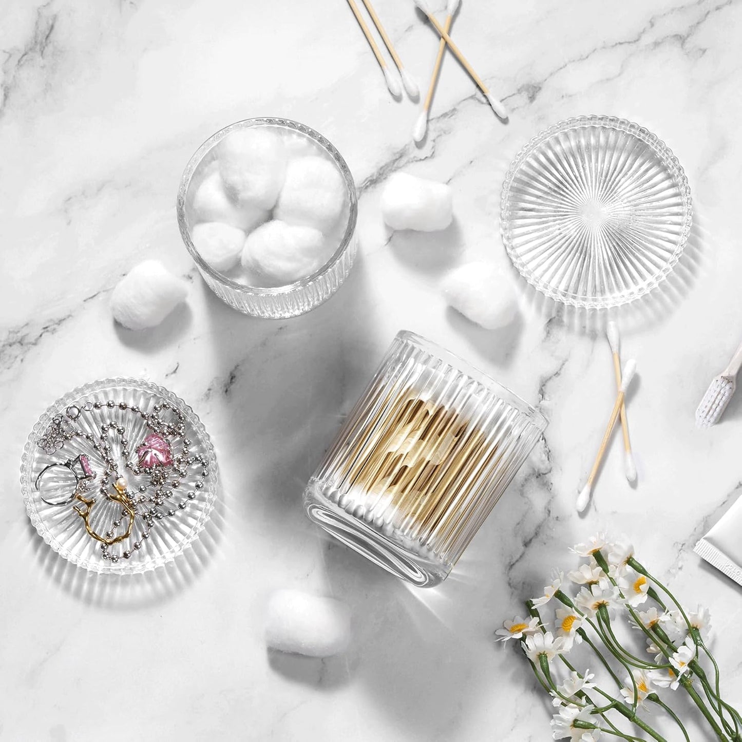 Glass Qtip Holder with Lid,Bathroom Organizer and Storage Jars - Apothecary Jars for Cotton Balls, Cotton Swabs,Pads,Floss Picks,Vanity Organizer,Bathroom Accessories and Countertop Storage Canisters