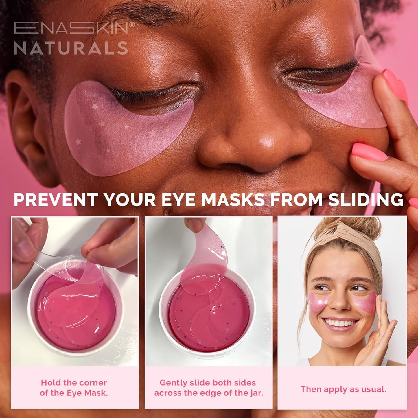 Enaskin Naturals Brightening Eye Masks: 30 Pairs Caffeine Under Eye Patches for Dark Circles and Puffiness w/Hyaluronic Acid - Skin Treatment Pads For Face Reduce Wrinkles & Bags (Rose)