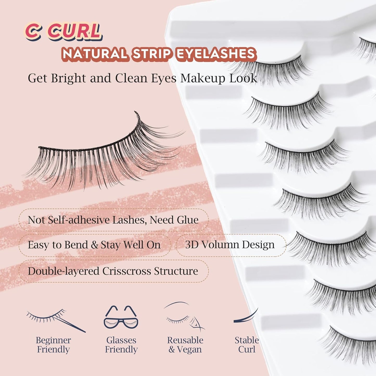 Natural Lashes Anime Eyelashes Wispy 12MM Strip Lashes Thin Band Manhua Eyelashes 3D Volume False Eyelashes 7 Pair Mink Lashes Korean Eye Lashes Pack Siligli