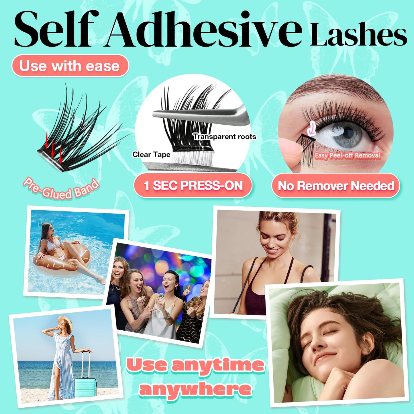 No Glue Needed Lashes, Self Adhesive Eyelashes, DIY Lash Cluster Eyelash Extensions Kit 10‑18mm,120pcs Fluffy D Curl Soft Natural Lashes with Tweezers–Fake Cat Eye Wispy Individual Clusters(NGDY81)