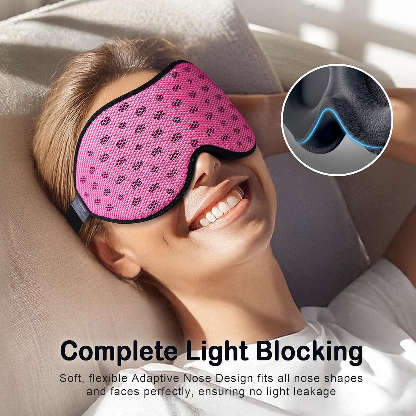 LitBear Breathable Sleep Mask, 3D Eye Mak Sleep for Side Sleepers Women Men, Light Blocking Sleeping Mask with Adjustable Strap, Soft Lightweight Eye Cover for Travel, Night Work, Nap, Office - Pink