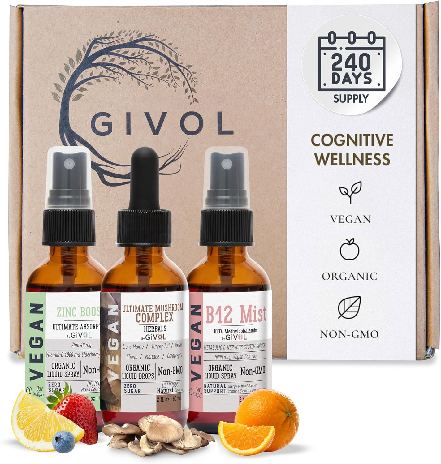 Cognitive Wellness Bundle Liquid Vitamin Trio: Methylcobalamin B12, Lions Mane, Reishi, Chaga Mushroom Complex & Zinc Picolinate: Gluten-Free, Sugar-Free, Non-GMO - 360 Days Supply
