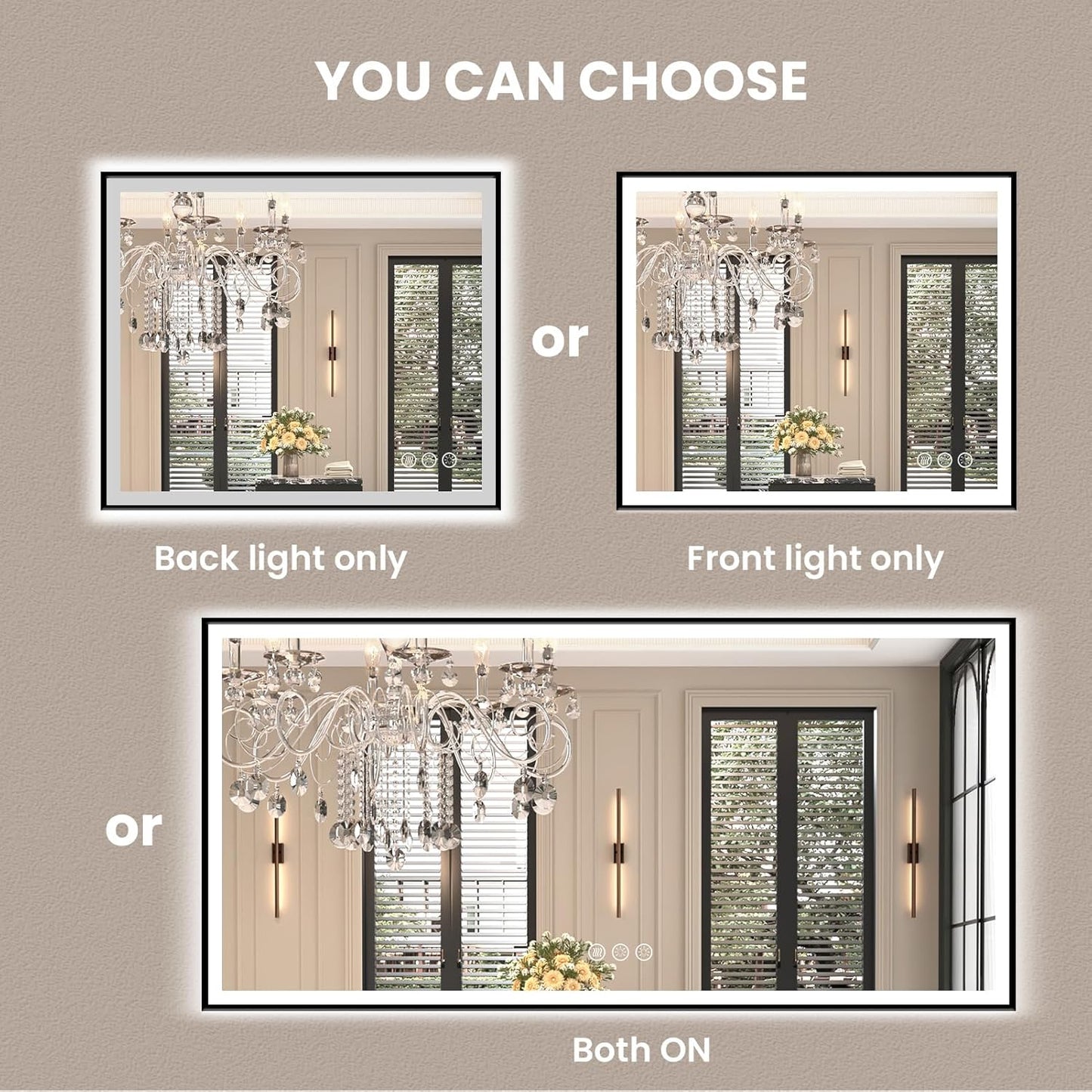 Amorho 40"x 30" LED Bathroom Mirror with Black Frame, Front Light and Backlit(Controlled Separately), Stepless Dimmable, Anti-Fog, Shatter-Proof, 3 Colors, Memory